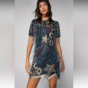 princess polly baby blue dress Olive NastyGal Mix Sequin Loop Tassel Wired Plunge Mini Dress